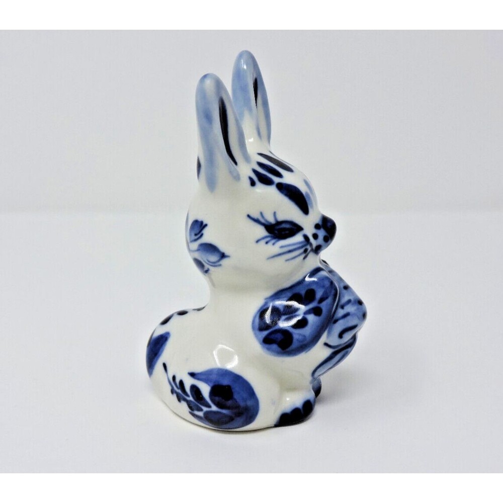 Rabbit Bunny Carrot Gzhel Porcelain Figurine Handmade Russia Cobalt White 4.5in - Picture 3 of 15